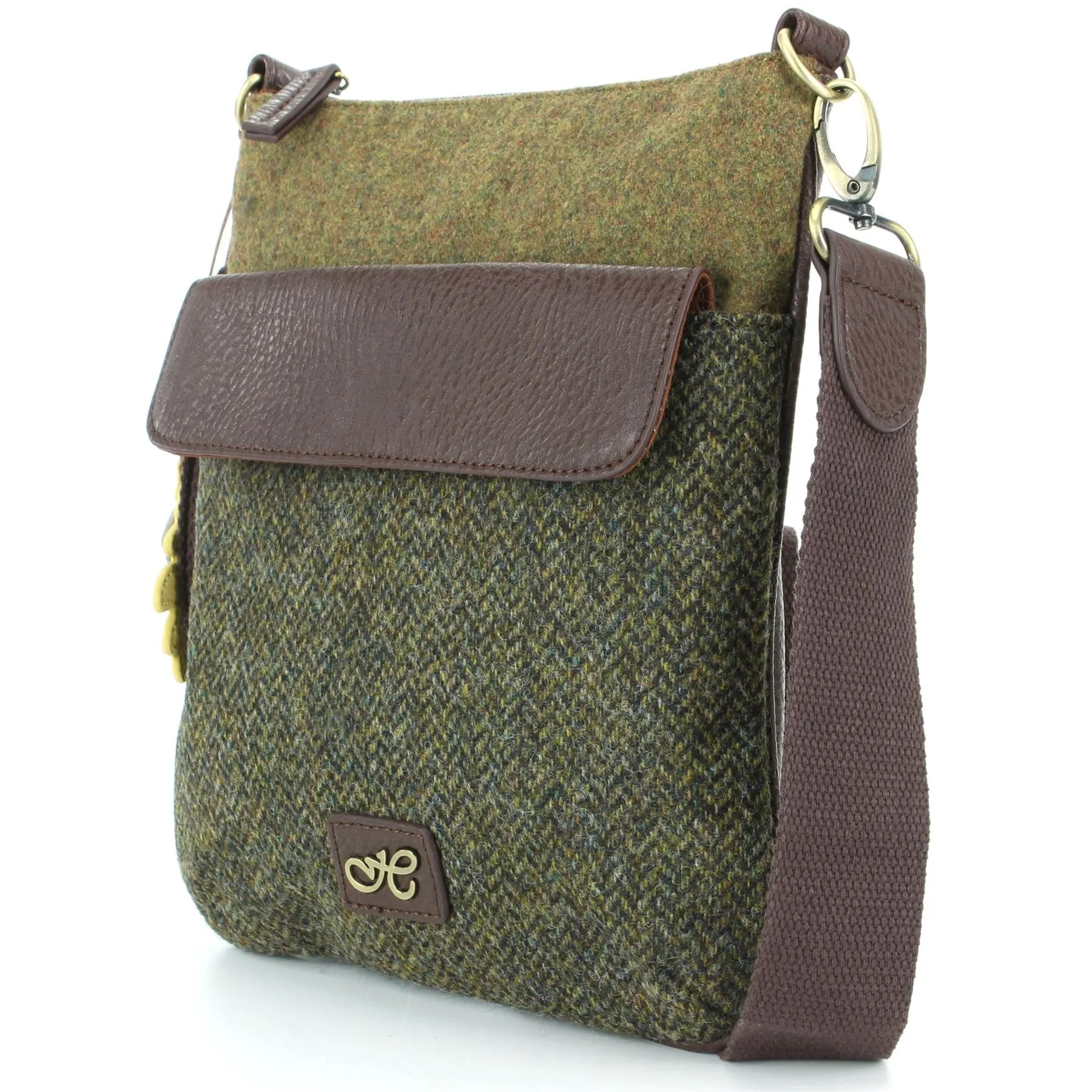 Tweed Cross Body Messenger Shoulder Bag Handbag - Green & Brown