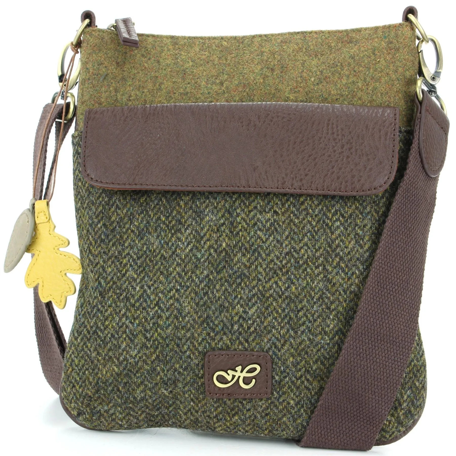 Tweed Cross Body Messenger Shoulder Bag Handbag - Green & Brown