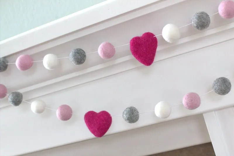 Valentine's Day Felt Ball Garland- Berry Pink, Light Pink, Gray, White