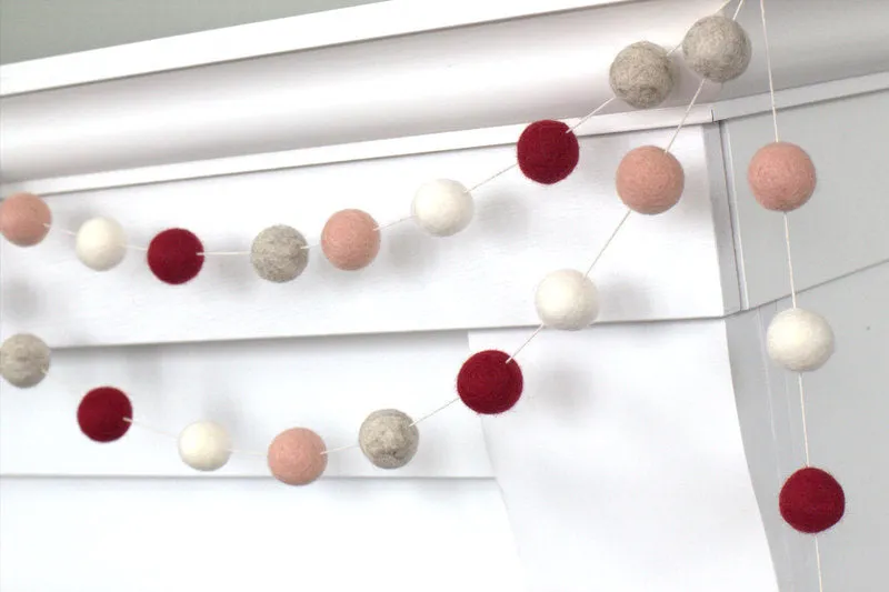 Valentine's Day Felt Ball Garland- Burgundy, Pale Pink, Gray, White