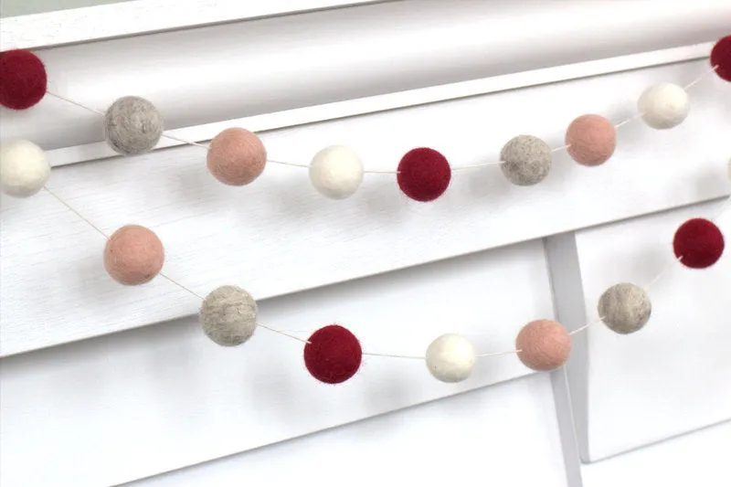 Valentine's Day Felt Ball Garland- Burgundy, Pale Pink, Gray, White