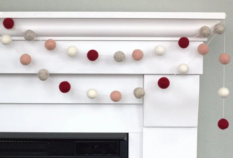 Valentine's Day Felt Ball Garland- Burgundy, Pale Pink, Gray, White