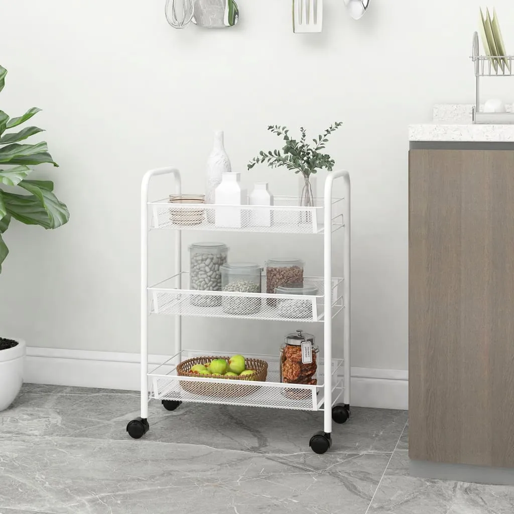 vidaXL 3-Tier Kitchen Trolley - Sleek White, Sturdy Iron Construction, Mobile Storage Solution