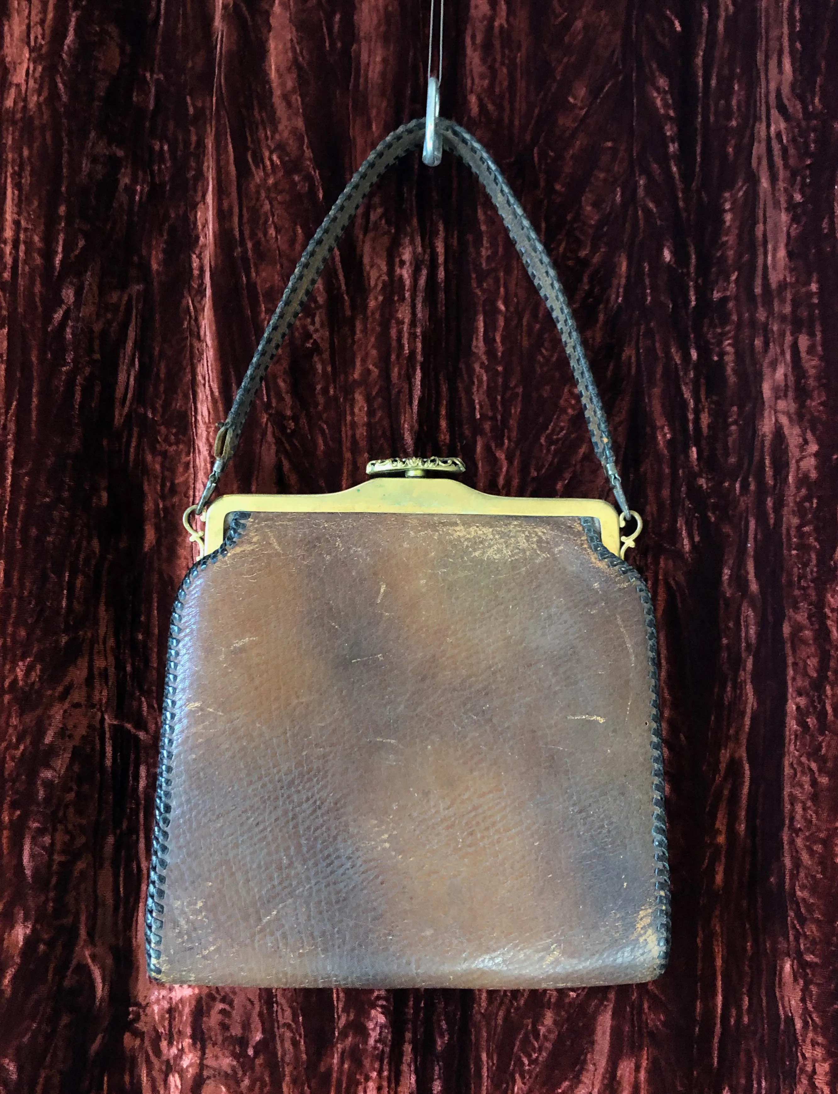 Vintage 30's Brown Tooled Leather Hand Bag