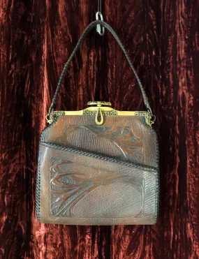 Vintage 30's Brown Tooled Leather Hand Bag