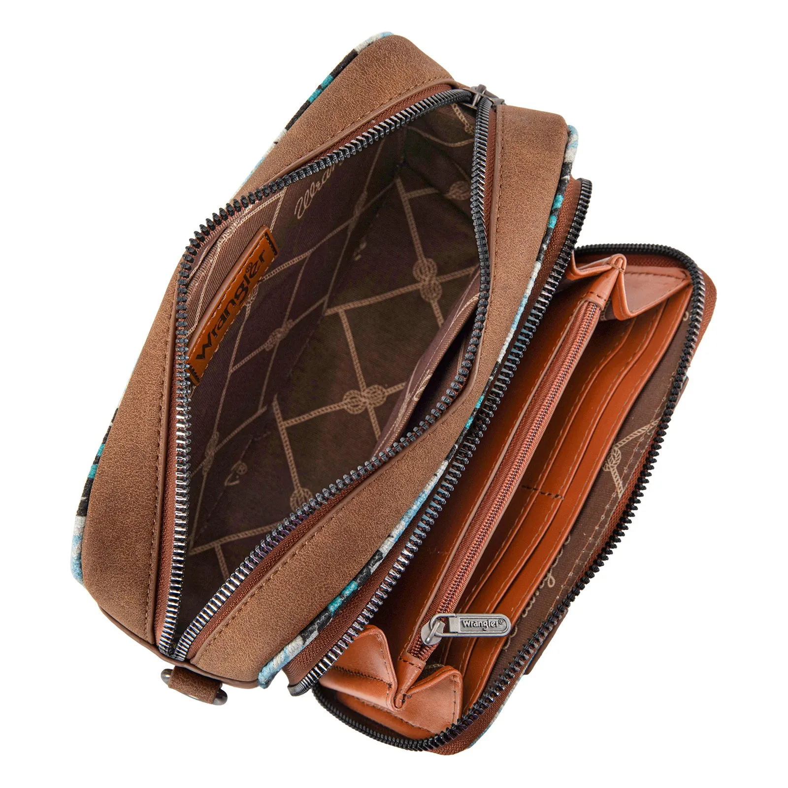 WG2211-3003  Wrangler Southwestern Pattern Dual Sided Print Crossbody Purse With Wallet Compartment -Jean