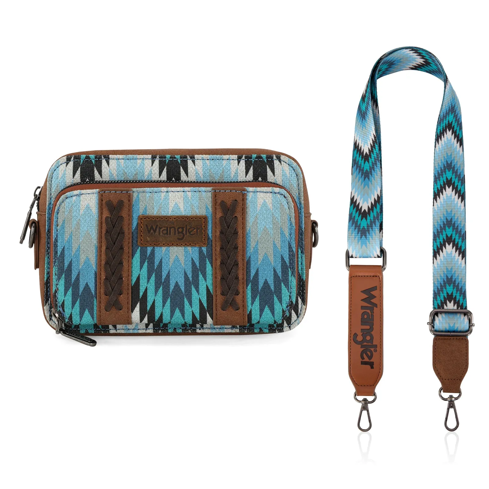 WG2211-3003  Wrangler Southwestern Pattern Dual Sided Print Crossbody Purse With Wallet Compartment -Jean