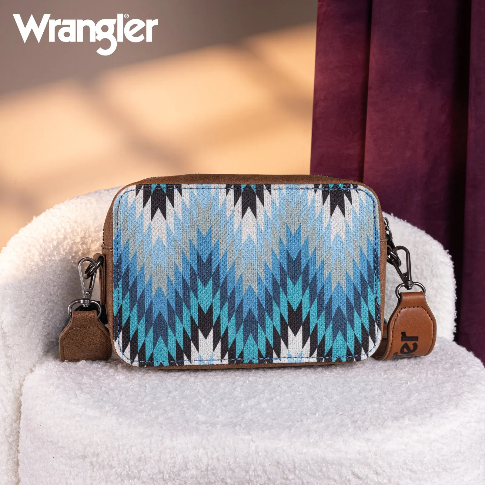 WG2211-3003  Wrangler Southwestern Pattern Dual Sided Print Crossbody Purse With Wallet Compartment -Jean