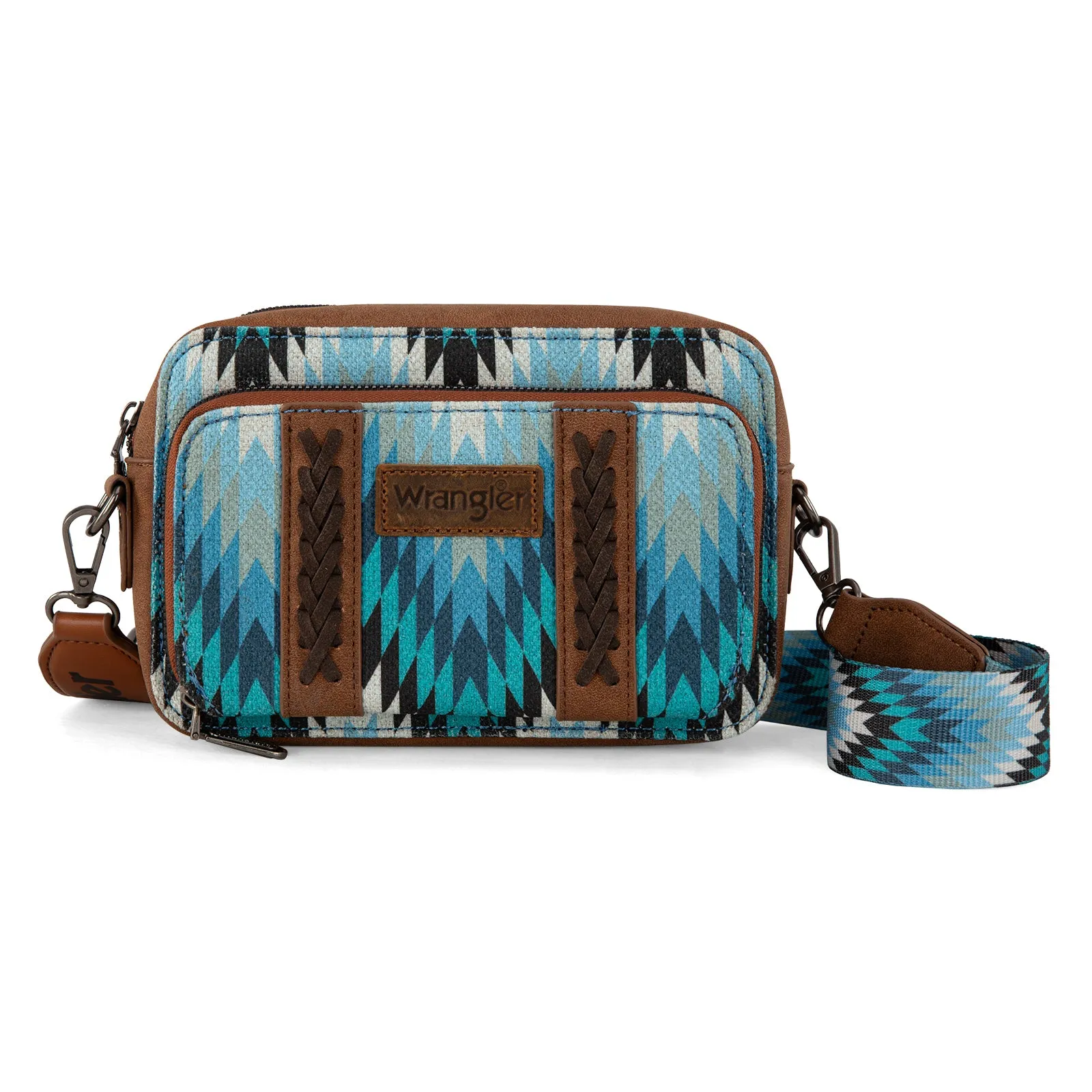 WG2211-3003  Wrangler Southwestern Pattern Dual Sided Print Crossbody Purse With Wallet Compartment -Jean