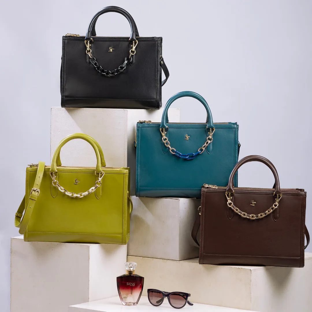 Window Sr. Handbag for Women | Satchel Handbags | Genuine Leather Ladies Bag | Color: Teal Blue, Black, Brown & Lemon Green