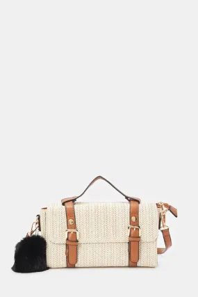 Women Beige Straw Embellished Satchel Bag