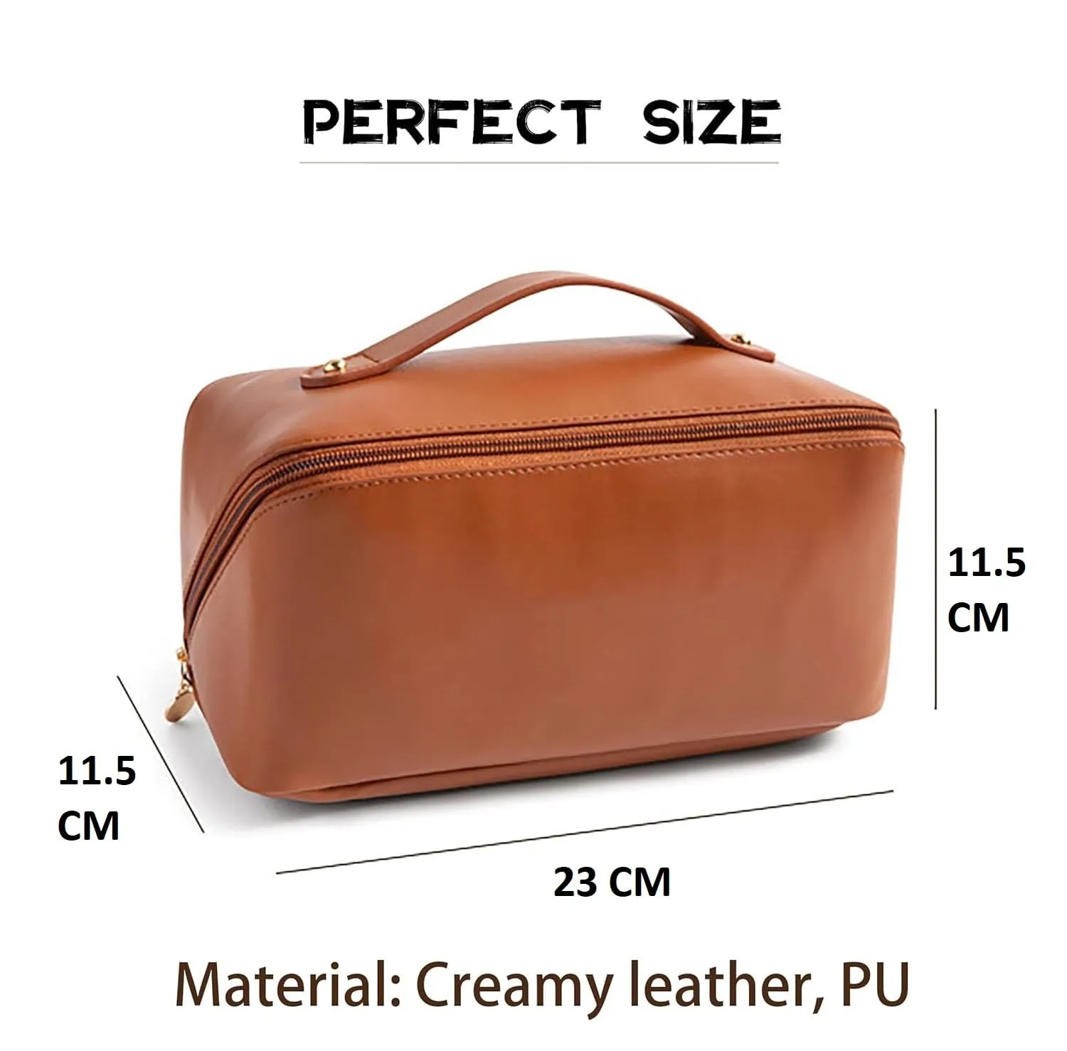 Womens Large Capacity Cosmetic Bag with Wide Opening, Dividers With Handle (Cross Open, Brown)