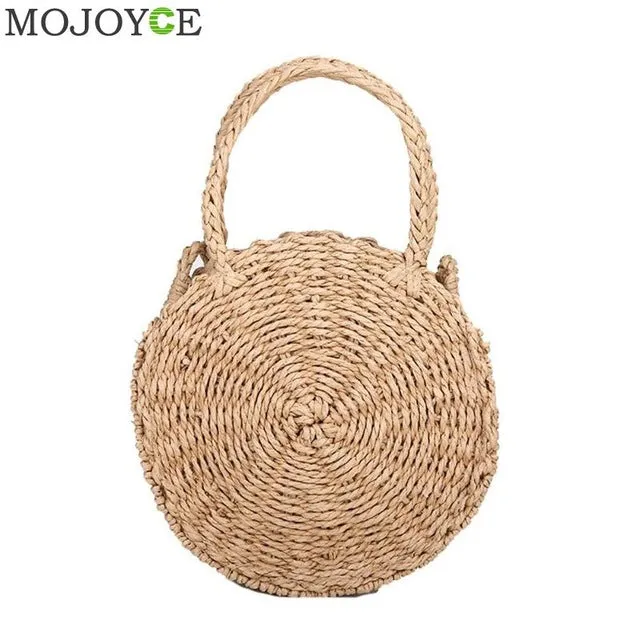 Woven Straw Round Handbag Retro Rattan Women Shoulder Bag