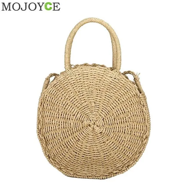 Woven Straw Round Handbag Retro Rattan Women Shoulder Bag