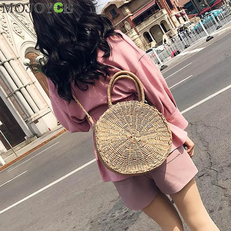 Woven Straw Round Handbag Retro Rattan Women Shoulder Bag