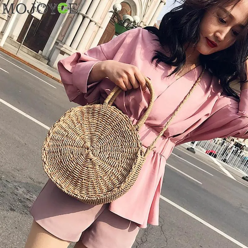 Woven Straw Round Handbag Retro Rattan Women Shoulder Bag