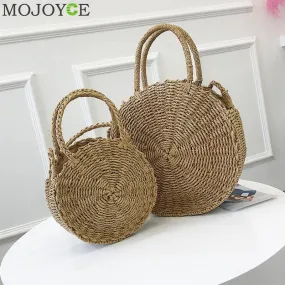 Woven Straw Round Handbag Retro Rattan Women Shoulder Bag