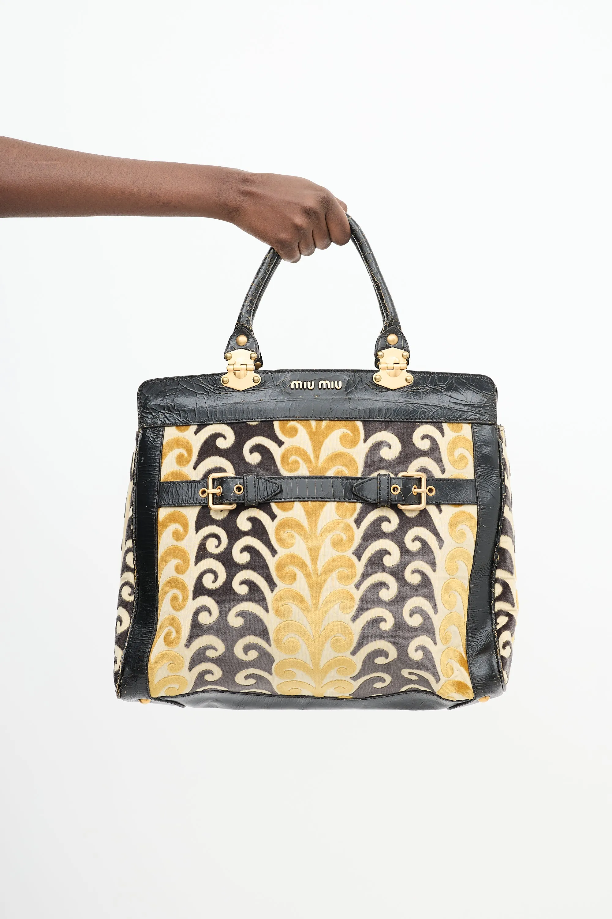 Yellow & Black Velvet & Leather Jacquard Twiggy Tote Bag