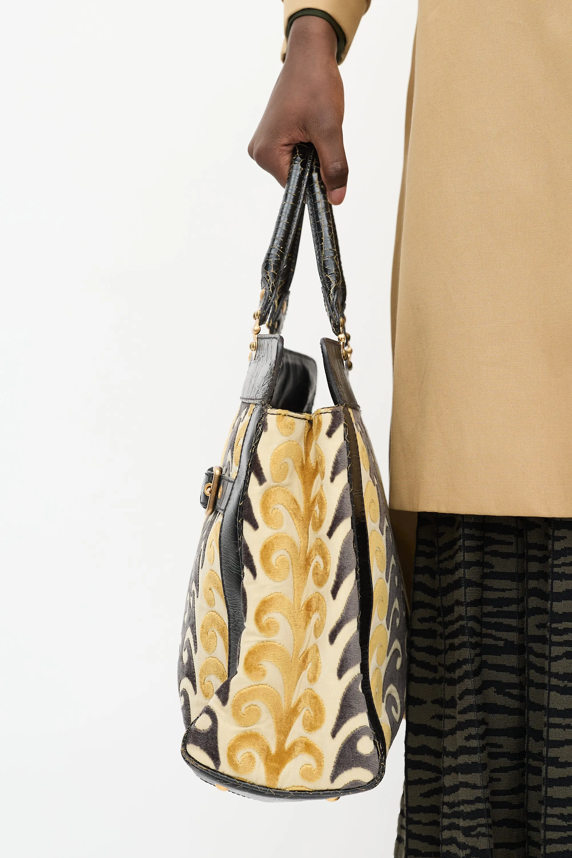 Yellow & Black Velvet & Leather Jacquard Twiggy Tote Bag