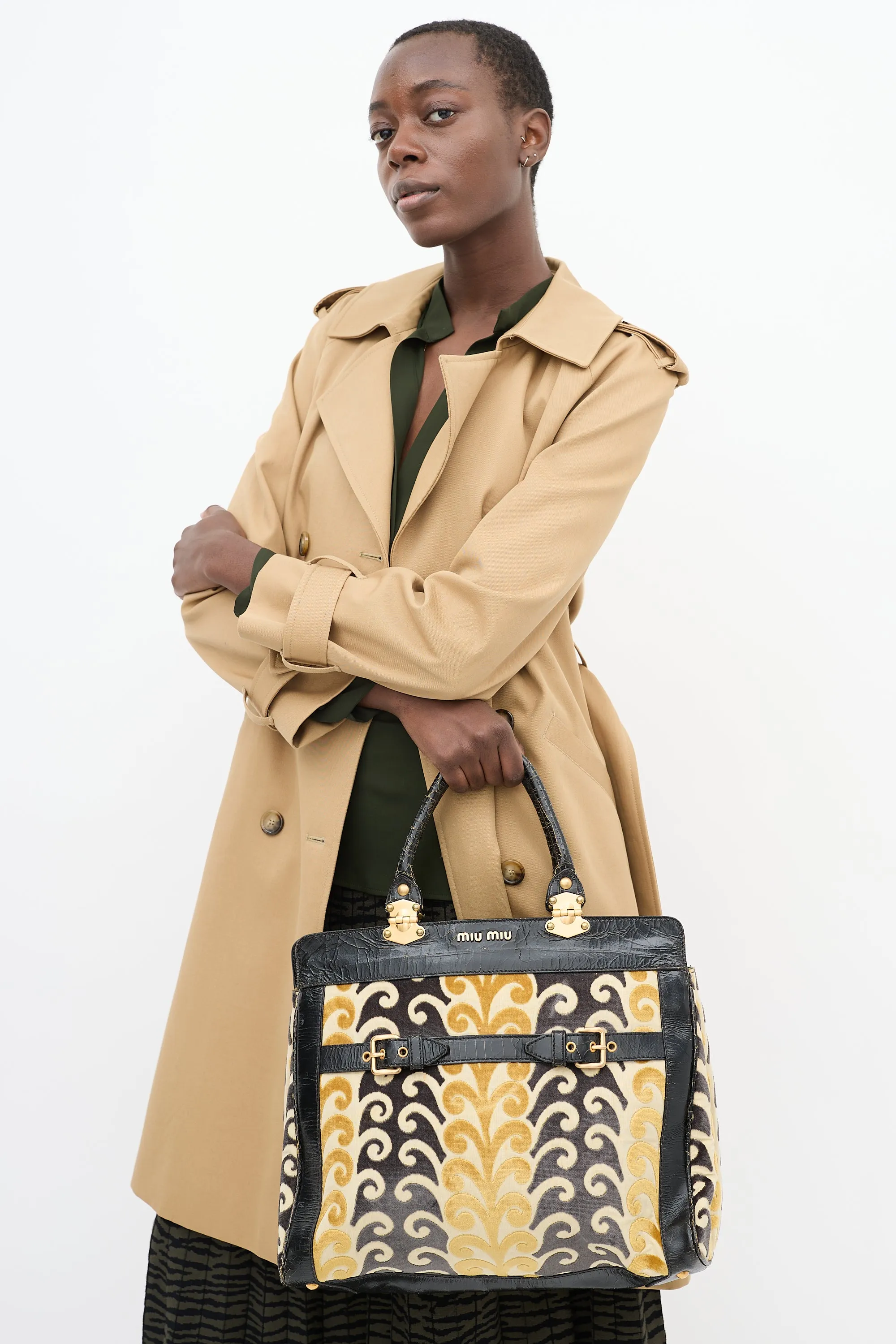 Yellow & Black Velvet & Leather Jacquard Twiggy Tote Bag