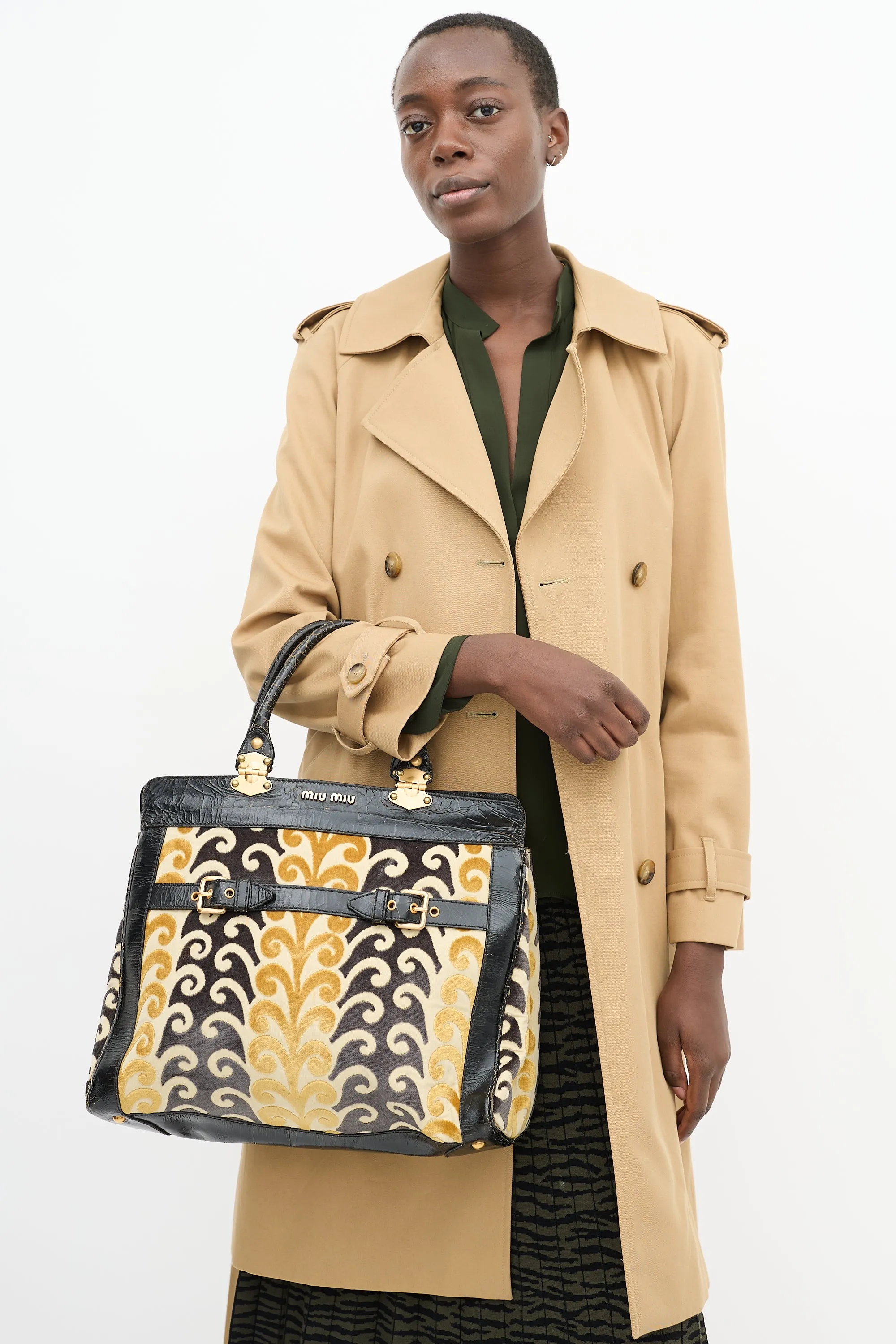 Yellow & Black Velvet & Leather Jacquard Twiggy Tote Bag