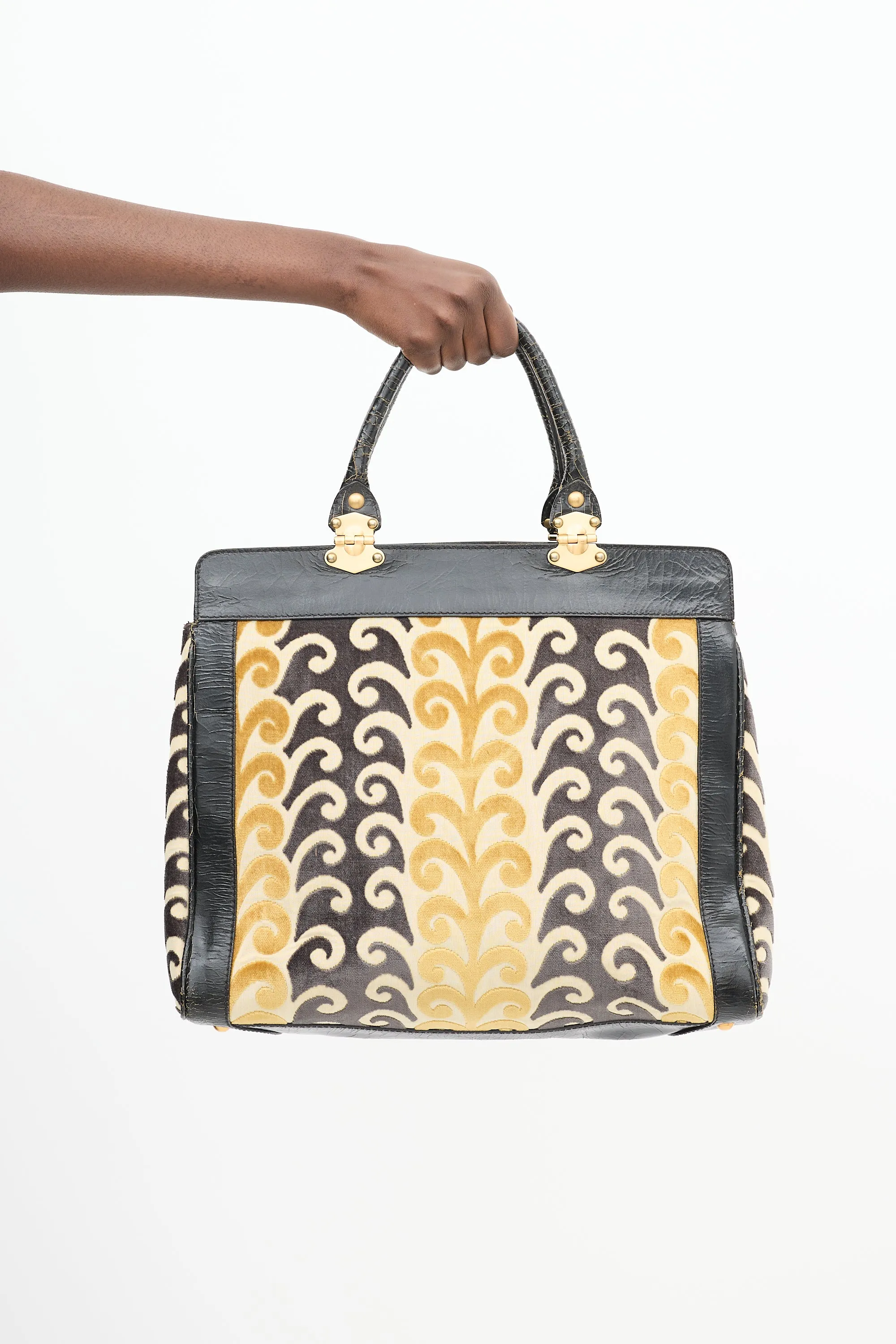 Yellow & Black Velvet & Leather Jacquard Twiggy Tote Bag