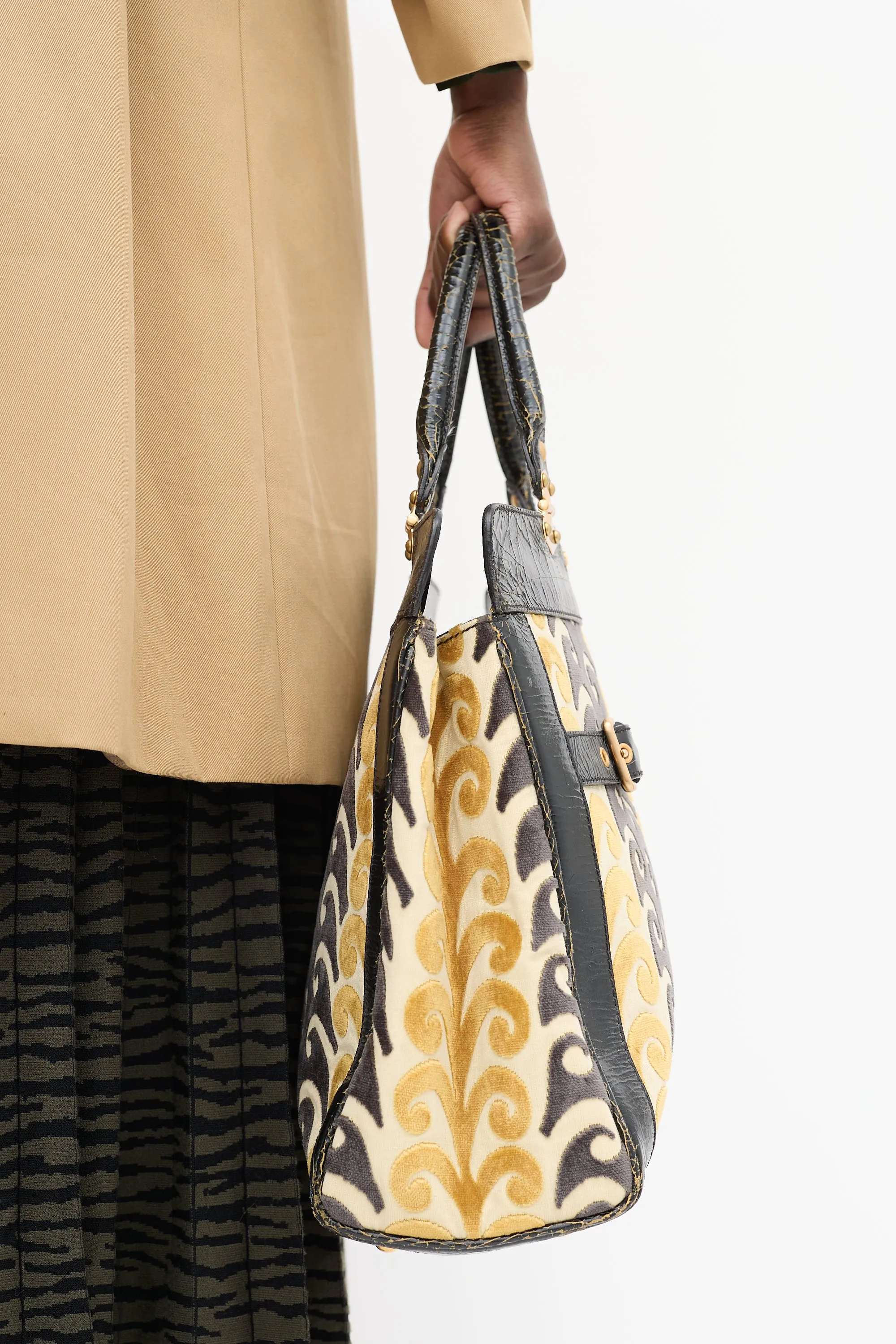 Yellow & Black Velvet & Leather Jacquard Twiggy Tote Bag